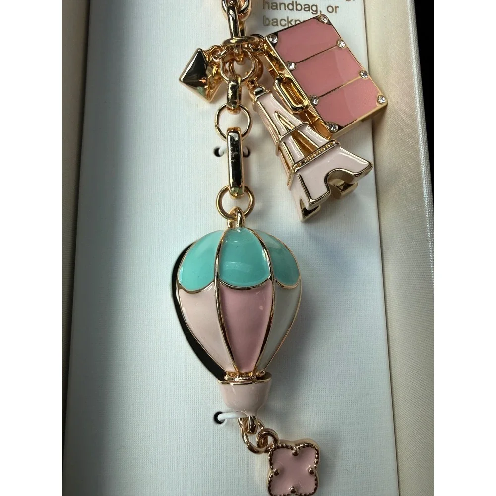 Piper K Paris Bag Charm Keychain‎ Hot Air Balloon Eiffel Tower Pink Gold NIB